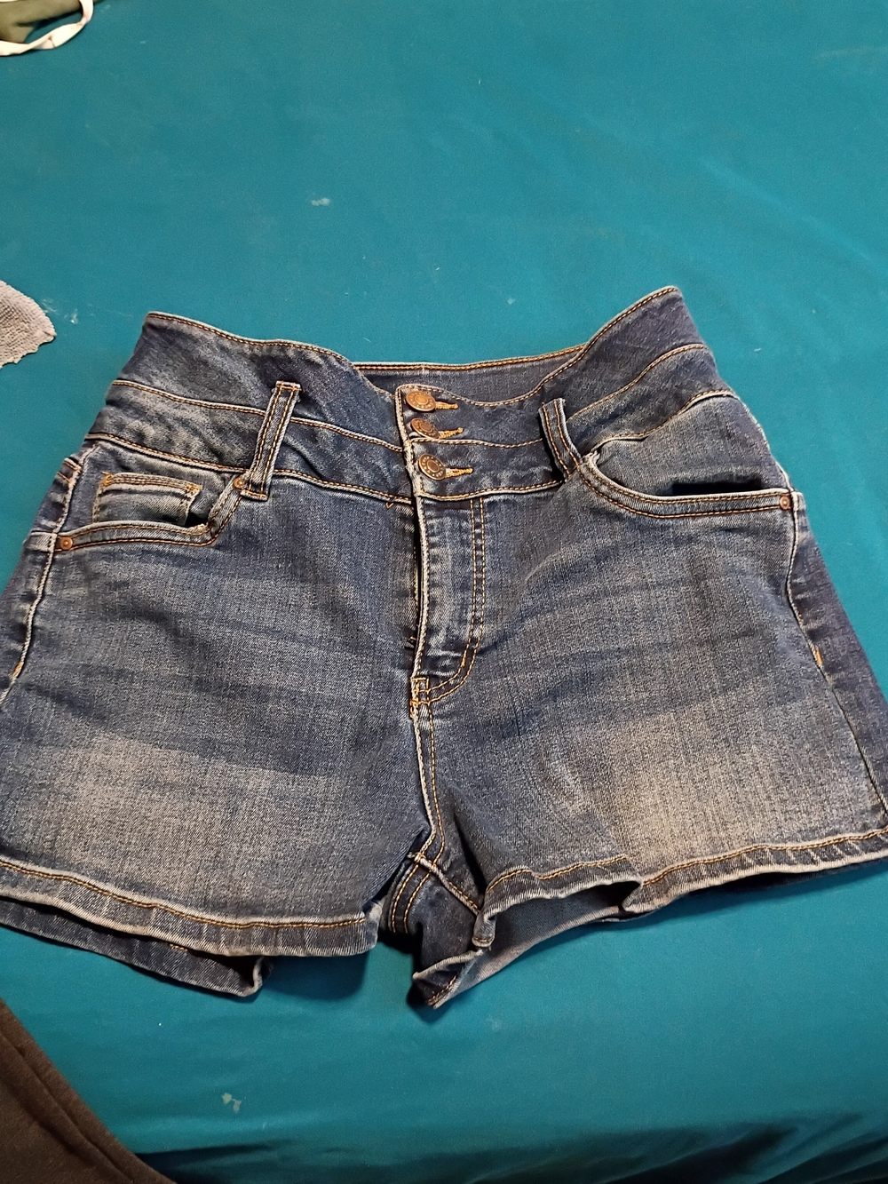 refuge High-Rise Triple-Button Blue Denim Shorts